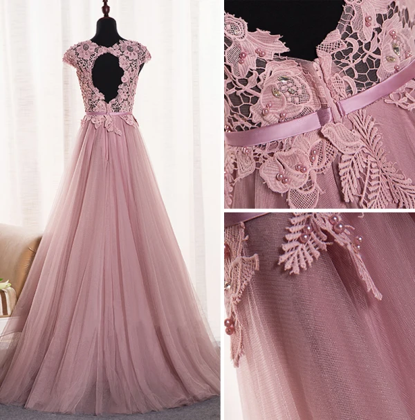 Chic / Beautiful Blushing Pink Prom Dresses 2018 A-Line / Princess Appliques Bow Pearl Scoop Neck Backless Sleeveless Floor-Length / Long Formal Dresses