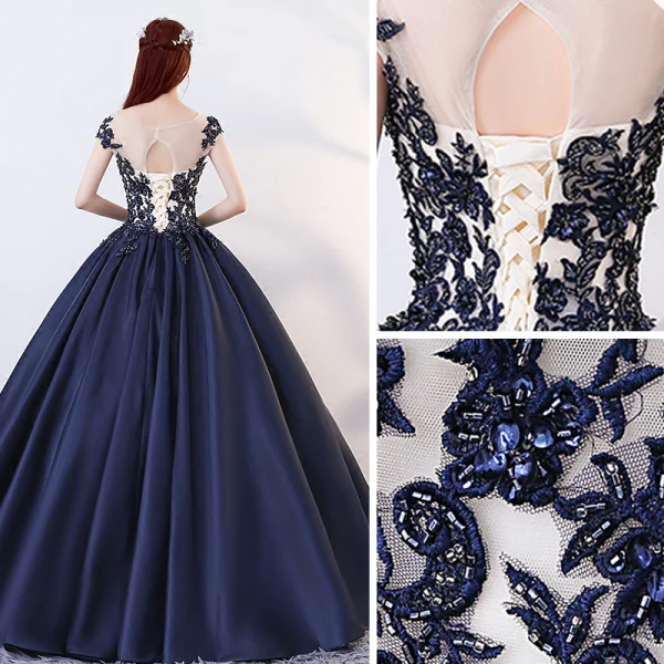 Vintage / Retro Navy Blue Quinceañera Prom Dresses 2018 Ball Gown Appliques Beading Scoop Neck Backless Sleeveless Floor-Length / Long Formal Dresses