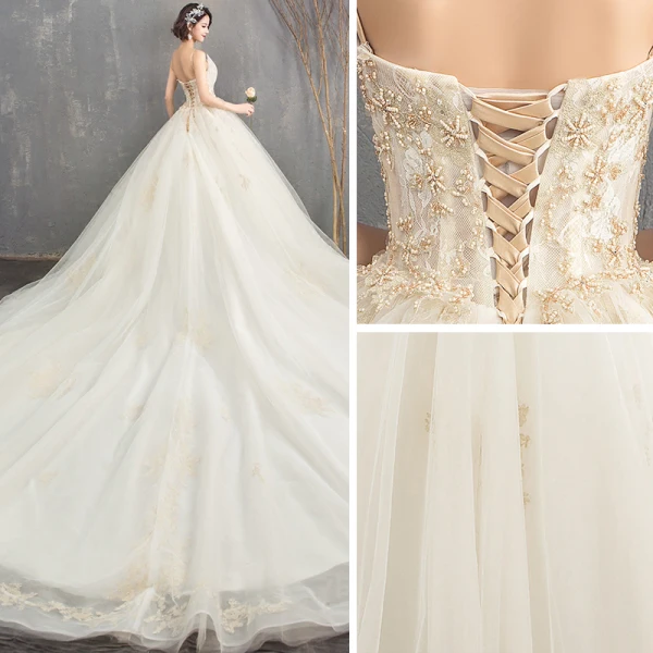 Luxury / Gorgeous Champagne Wedding Dresses 2018 Ball Gown Beading Rhinestone Spaghetti Straps Backless Sleeveless Royal Train Wedding