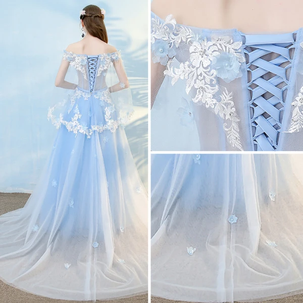 Elegant Sky Blue Evening Dresses 2018 A-Line / Princess Appliques Pearl Rhinestone Off-The-Shoulder With Shawl Backless Short Sleeve Court Train Formal Dresses