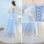 Elegant Sky Blue Evening Dresses  2018 A-Line / Princess Appliques Pearl Rhinestone Off-The-Shoulder With Shawl Backless Short Sleeve Court Train Formal Dresses