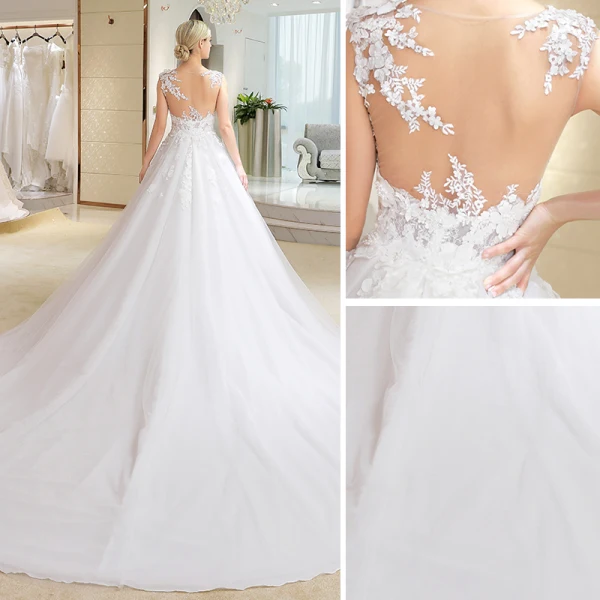 Élégant Ivoire Robe De Mariée 2018 Robe Boule En Dentelle Appliques Percé Encolure Dégagée Sans Manches Cathedral Train Mariage
