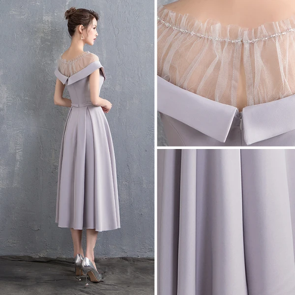 Chic / Beautiful Grey Homecoming Graduation Dresses 2018 A-Line / Princess Rhinestone Sash Scoop Neck Short Sleeve Tea-length Formal Dresses