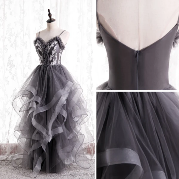 Fashion Grey Ruffle Prom Dresses 2021 A-Line / Princess Spaghetti Straps Beading Sequins Sleeveless Backless Floor-Length / Long Prom Formal Dresses
