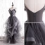 Fashion Grey Ruffle Prom Dresses 2021 A-Line / Princess Spaghetti Straps Beading Sequins Sleeveless Backless Floor-Length / Long Prom Formal Dresses