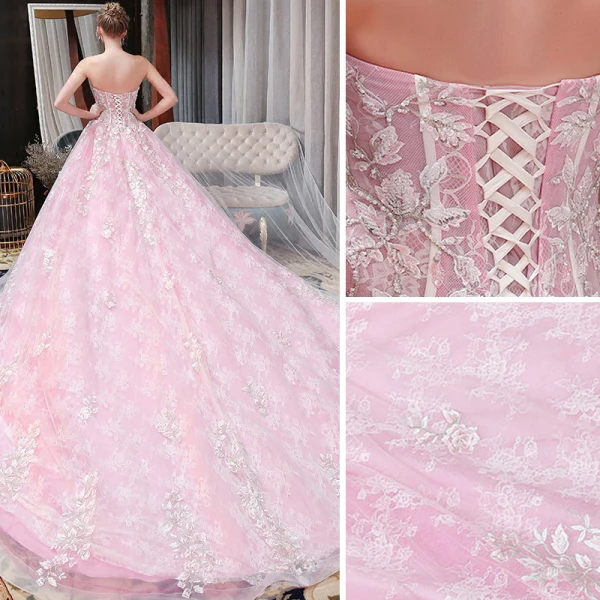 Chic / Belle Rose Bonbon Robe De Mariée 2018 Princesse En Dentelle Appliques Perlage Paillettes Amoureux Dos Nu Sans Manches Cathedral Train Mariage