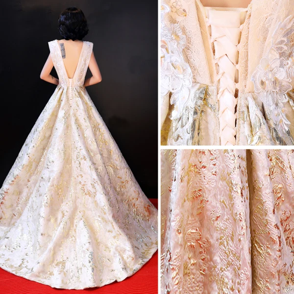 Luxe Champagne Robe De Soirée 2018 Princesse En Dentelle Appliques Perlage Perle Paillettes V-Cou Dos Nu Sans Manches Train De Balayage Robe De Ceremonie