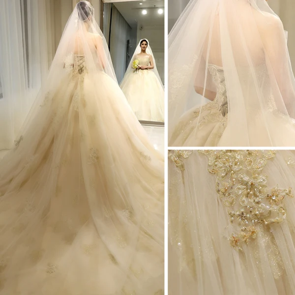 Luxe Champagne Robe De Mariée 2018 Dos Nu Robe Boule Perlage Paillettes Bretelles Spaghetti Sans Manches Royal Train Mariage