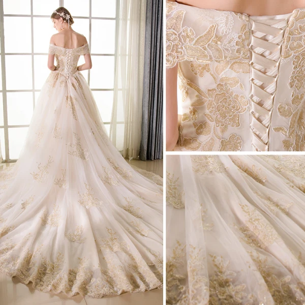 Elegant Champagne Wedding Dresses 2018 A-Line / Princess Lace Embroidered Beading Off-The-Shoulder Backless Short Sleeve Royal Train Wedding