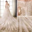 Elegant Champagne Wedding Dresses 2018 A-Line / Princess Lace Embroidered Beading Off-The-Shoulder Backless Short Sleeve Royal Train Wedding