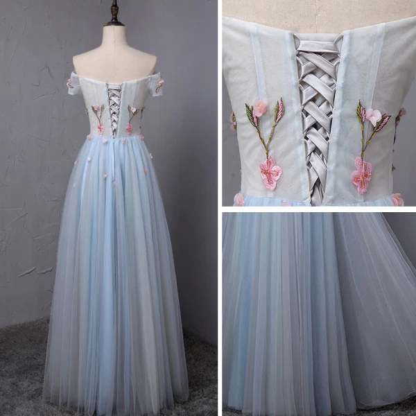 Chic / Beautiful Sky Blue Prom Dresses 2018 A-Line / Princess Appliques Crystal Pleated Off-The-Shoulder Backless Short Sleeve Floor-Length / Long Formal Dresses