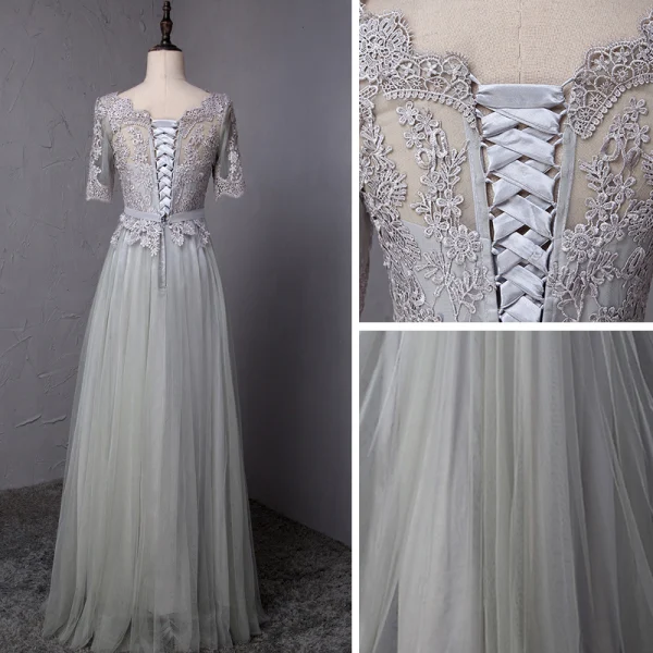 Abordable Gris Robe De Bal 2018 Princesse Noeud En Dentelle Fleur Encolure Dégagée Manches Courtes Longue Robe De Ceremonie
