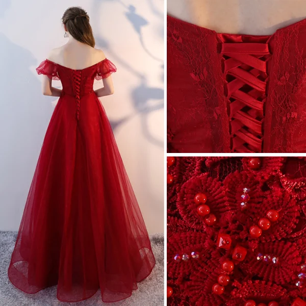 Chic / Beautiful Burgundy Prom Dresses 2018 A-Line / Princess Beading Crystal Lace Flower Off-The-Shoulder Backless Short Sleeve Floor-Length / Long Formal Dresses