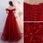 Chic / Beautiful Burgundy Prom Dresses 2018 A-Line / Princess Beading Crystal Lace Flower Off-The-Shoulder Backless Short Sleeve Floor-Length / Long Formal Dresses