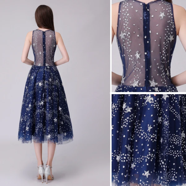 Flotte Mørk Marineblå Homecoming Graduation Kjoler 2018 Prinsesse Glitter Stjerne Scoop Neck Ærmeløs Te-længde Kjoler
