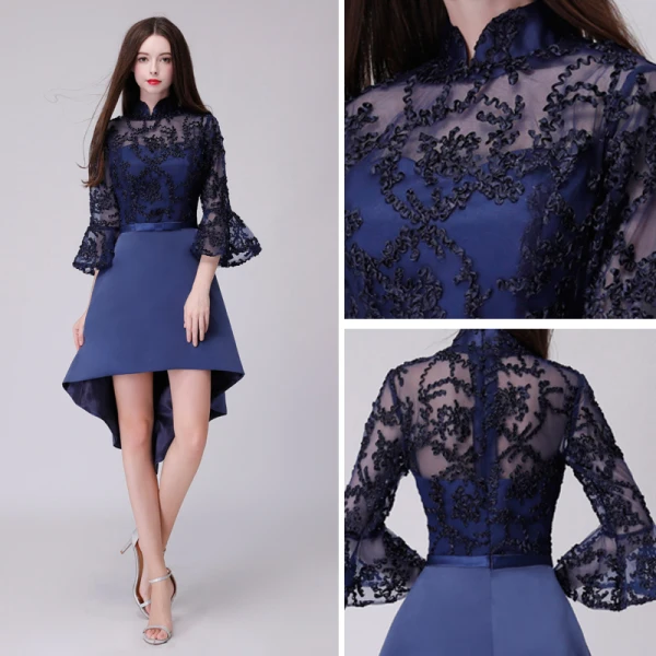 Chic / Belle de retour Kaki Robe De Graduation 2018 Princesse Noeud En Dentelle Asymétrique Col Haut 3/4 Manches Robe De Ceremonie