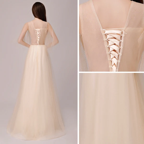 Chic / Beautiful Champagne Evening Dresses 2018 A-Line / Princess Metal Sash V-Neck Backless 1/2 Sleeves Floor-Length / Long Formal Dresses
