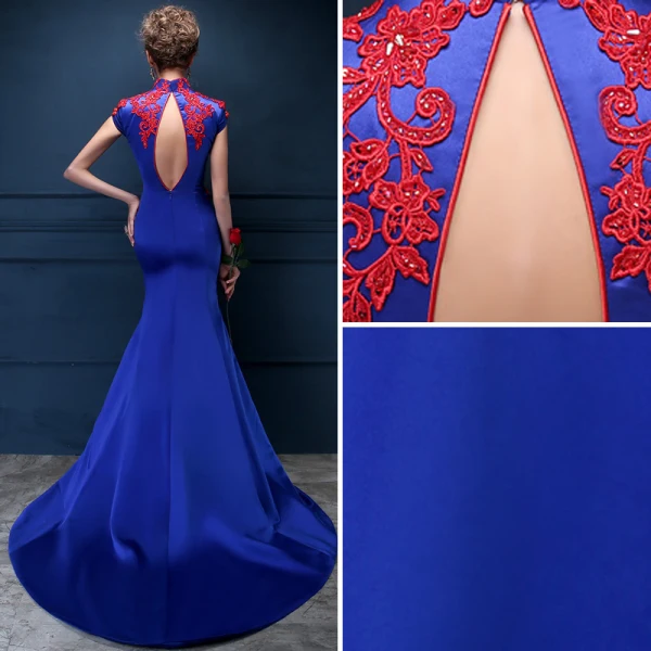 Vintage / Originale Style Chinois Bleu Roi Robe De Soirée 2018 Trompette / Sirène En Dentelle Appliques Perlage Cristal Col Haut Dos Nu Mancherons Train De Balayage Robe De Ceremonie