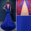 Vintage / Originale Style Chinois Bleu Roi Robe De Soirée 2018 Trompette / Sirène En Dentelle Appliques Perlage Cristal Col Haut Dos Nu Mancherons Train De Balayage Robe De Ceremonie