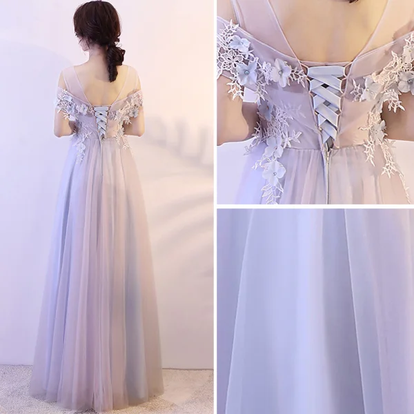 Elegant Silver Prom Dresses 2018 A-Line / Princess Appliques Rhinestone Shoulders Backless Sleeveless Floor-Length / Long Formal Dresses