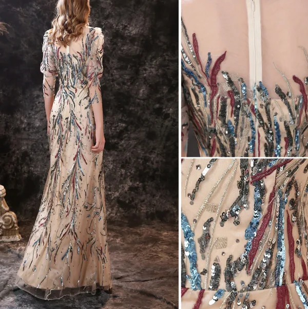 High-end Champagne Evening Dresses  2021 Trumpet / Mermaid Scoop Neck Beading Sequins Lace Flower 3/4 Sleeve Floor-Length / Long Evening Party Formal Dresses