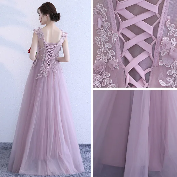 Chic / Beautiful Blushing Pink Prom Dresses 2018 A-Line / Princess Appliques Scoop Neck Backless Sleeveless Floor-Length / Long Formal Dresses