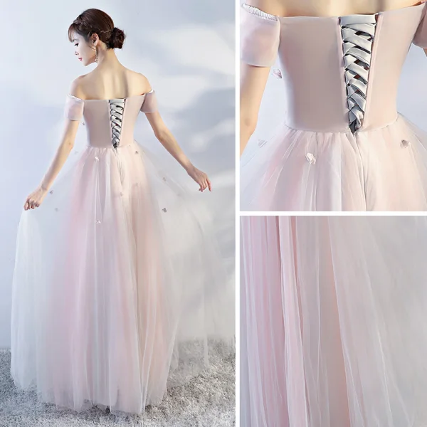 Chic / Belle Perle Rose Robe De Bal 2018 Princesse En Dentelle Appliques Cristal De l'épaule Dos Nu Sans Manches Longue Robe De Ceremonie
