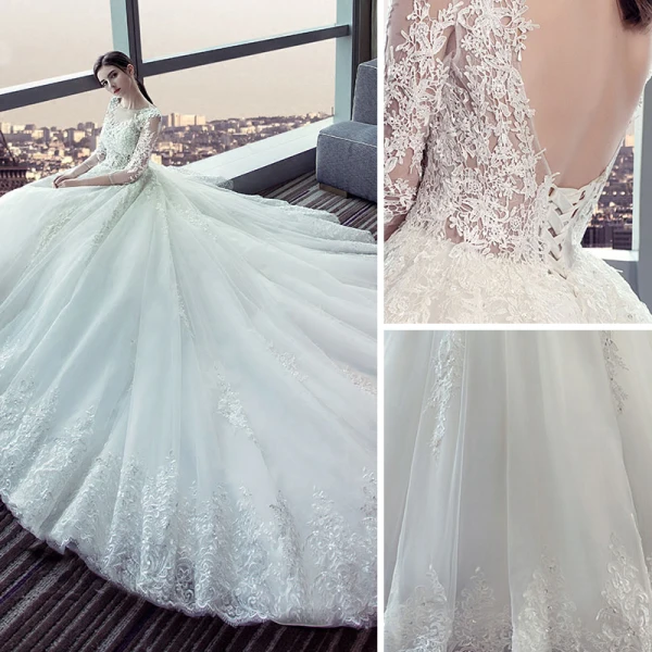Chic / Belle Ivoire Robe De Mariée 2018 Robe Boule Transparentes En Dentelle Appliques Encolure Dégagée Dos Nu 3/4 Manches Tribunal Train Mariage