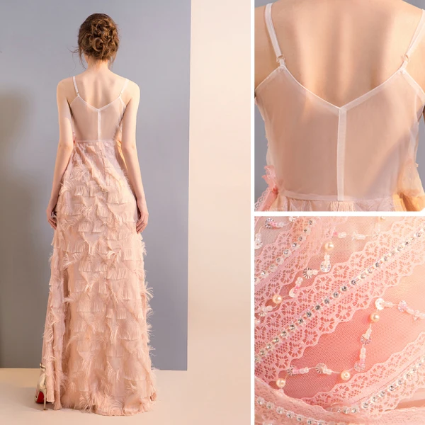 Sexy Perle Rose Robe De Soirée 2018 Trompette / Sirène Perlage Perle Paillettes Faux Diamant Gland Fendue devant Bretelles Spaghetti Dos Nu Sans Manches Longue Robe De Ceremonie