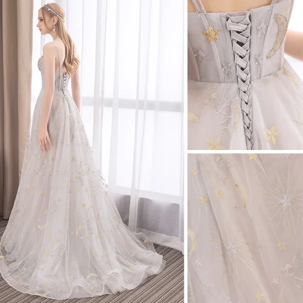 Élégant Gris Robe De Soirée 2018 Princesse En Dentelle Étoile Perlage Bretelles Spaghetti Dos Nu Sans Manches Train De Balayage Robe De Ceremonie
