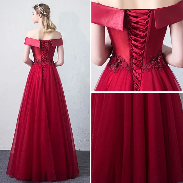 Chic / Beautiful Burgundy Prom Dresses 2018 A-Line / Princess Lace Appliques Beading Off-The-Shoulder Backless Sleeveless Floor-Length / Long Formal Dresses