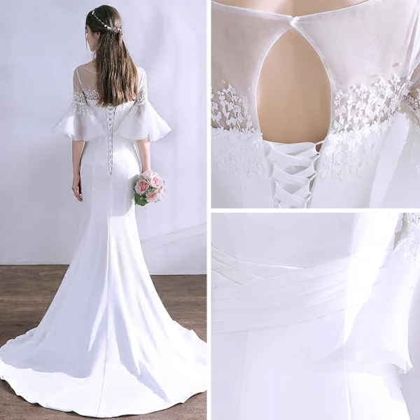 Simple Blanche Robe De Mariée 2018 Trompette / Sirène En Dentelle Perlage Encolure Dégagée 1/2 Manches Dos Nu Train De Balayage Mariage
