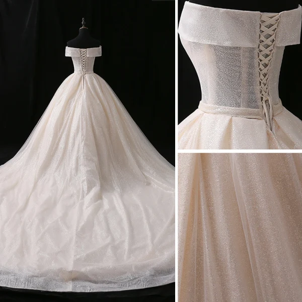 Sparkly Champagne Wedding Dresses 2018 Ball Gown Bow Glitter Off-The-Shoulder Backless Sleeveless Chapel Train Wedding