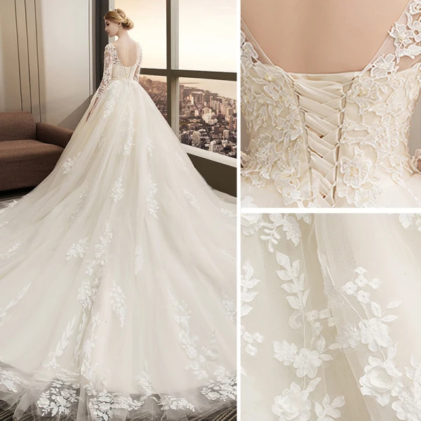 Chic / Beautiful Champagne Wedding Dresses 2018 Ball Gown Lace Appliques Sequins Scoop Neck Backless 3/4 Sleeve Cathedral Train Wedding