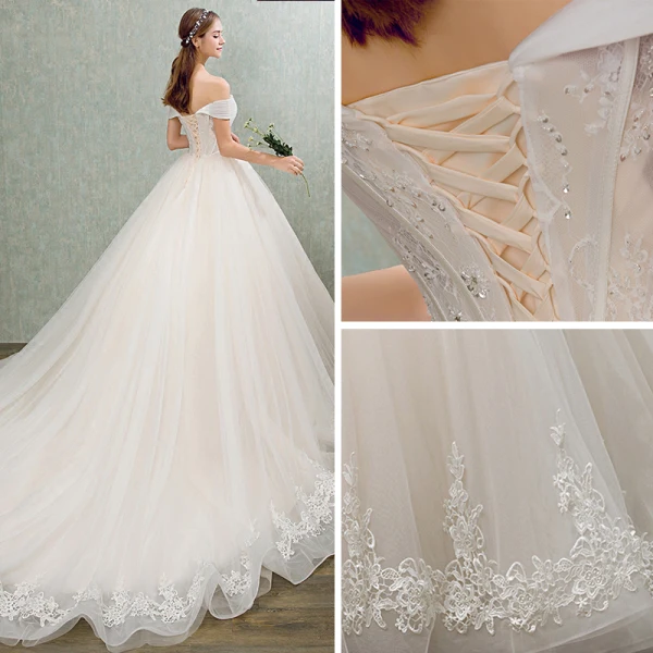 Elegant Champagne Wedding Dresses 2018 Ball Gown Lace Flower Bow Sequins Off-The-Shoulder Backless Sleeveless Cathedral Train Wedding