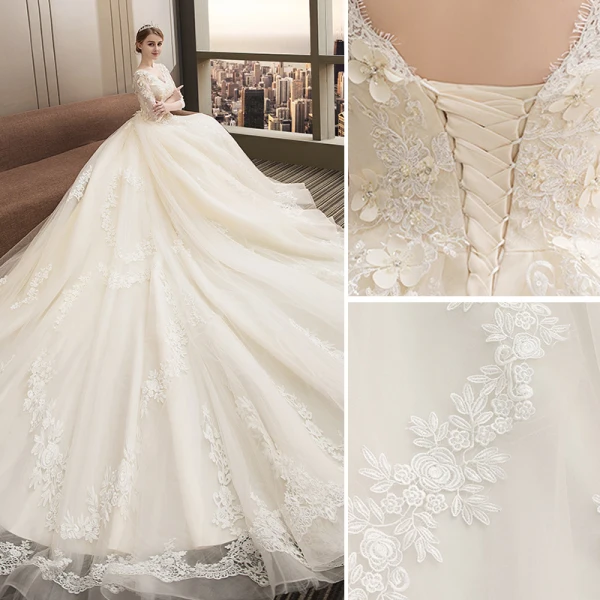 Chic / Belle Champagne Robe De Mariée 2018 Robe Boule En Dentelle Appliques Paillettes V-Cou Dos Nu 1/2 Manches Cathedral Train Mariage