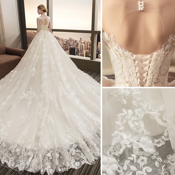 Moderne / Mode Champagne Robe De Mariée 2018 Robe Boule En Dentelle Appliques Perlage Paillettes Encolure Dégagée Dos Nu Sans Manches Royal Train Mariage