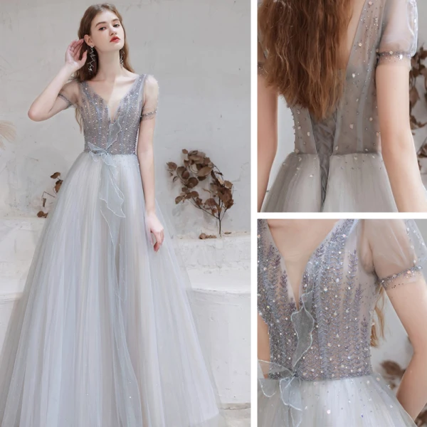 Fashion Grey Evening Dresses  2021 A-Line / Princess V-Neck Beading Rhinestone Sequins Short Sleeve Backless Floor-Length / Long Formal Dresses