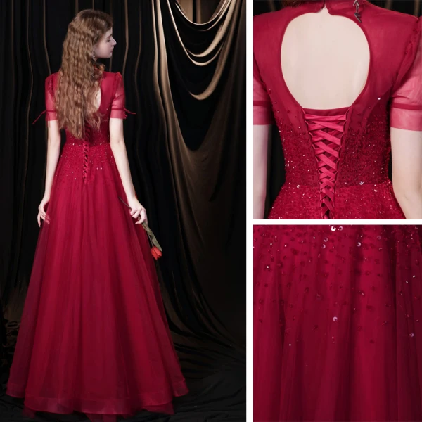 Élégant Bordeaux Robe De Soirée 2021 Princesse Col Haut Perlage Paillettes Manches Courtes Dos Nu Longue Robe De Ceremonie