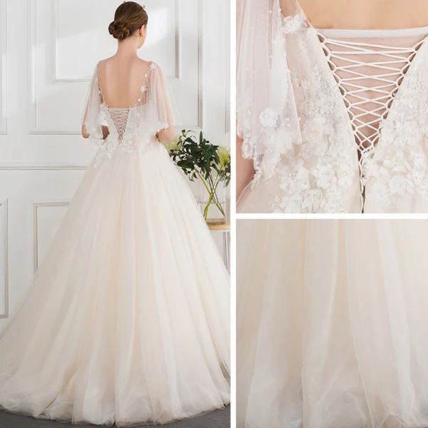 Chic / Beautiful Champagne Wedding Dresses 2018 Ball Gown Lace Appliques Pearl Scoop Neck Backless 1/2 Sleeves Floor-Length / Long Wedding