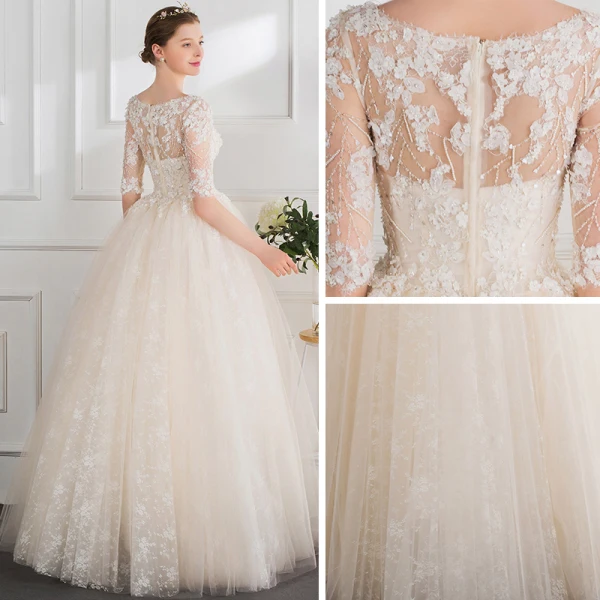 Mode Champagne Bröllopsklänningar 2018 Balklänning Beading Pärla Appliqués Urringning 1/2 ärm Långa Bröllop