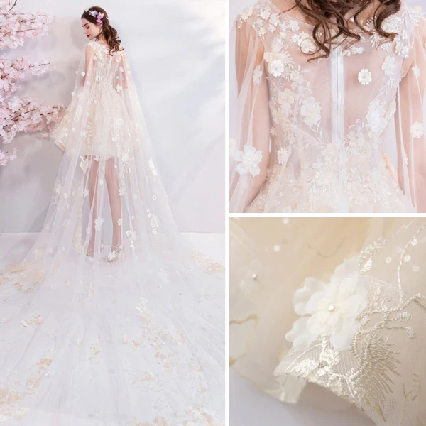 Mode Champagne Bröllopsklänningar 2018 Balklänning Spets Broderade Appliqués Pärla Urringning Ärmlös Watteau Train Bröllop