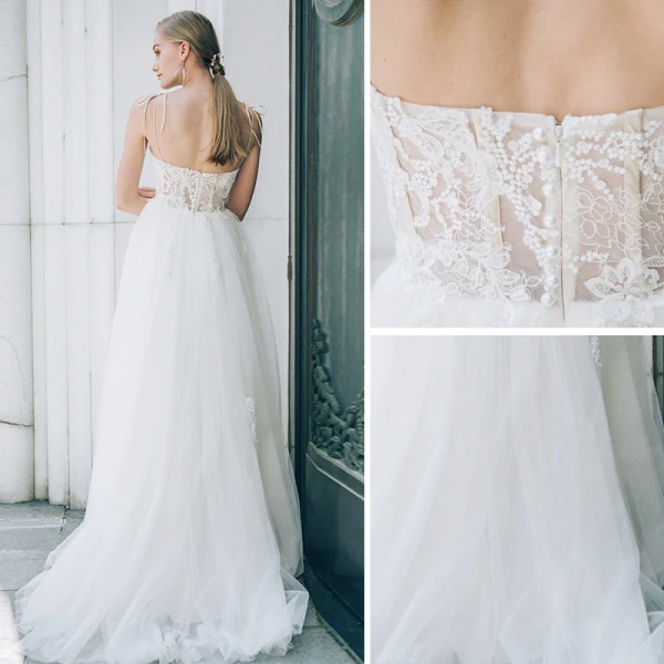 Schöne Ivory / Creme Brautkleider 2018 A Linie Mit Spitze Blumen Perlenstickerei Perle Spaghettiträger Rückenfreies Ärmellos Lange Hochzeit