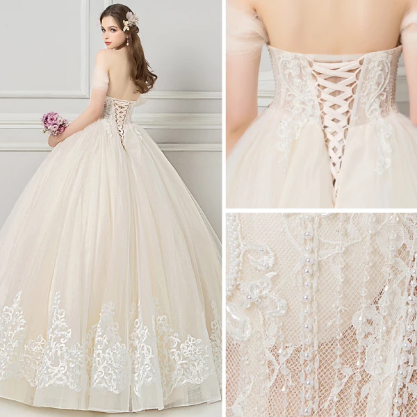 Elegant Champagne Wedding Dresses 2018 Ball Gown Lace Flower Beading Crystal Pearl Off-The-Shoulder Backless Sleeveless Floor-Length / Long Wedding