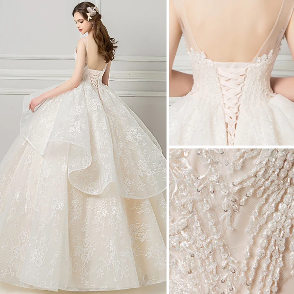 Elegant Champagne Wedding Dresses 2018 Ball Gown Beading Lace Flower V-Neck Backless Sleeveless Floor-Length / Long Wedding