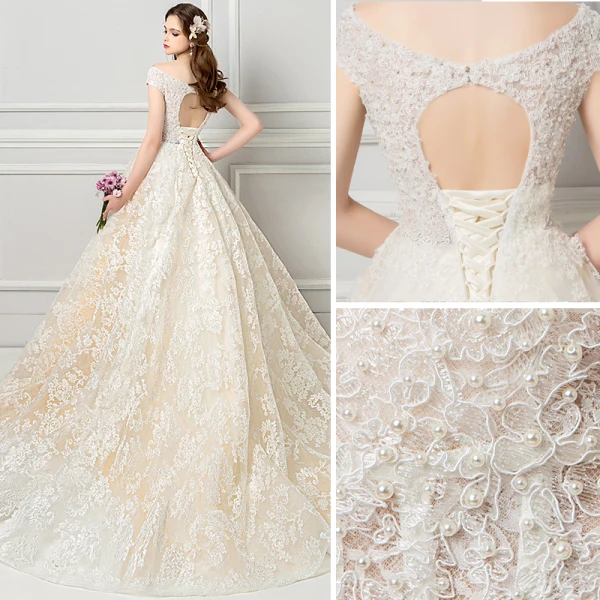 Elegant Champagne Wedding Dresses 2018 Ball Gown Lace Flower Pearl V-Neck Backless Cap Sleeves Chapel Train Wedding