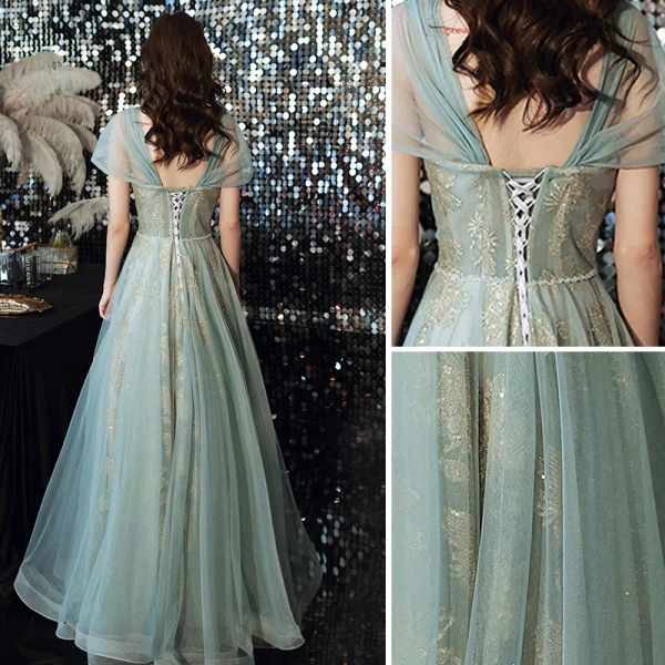 Fashion Green Evening Dresses  2021 A-Line / Princess Square Neckline Sequins Lace Flower Sleeveless Backless Floor-Length / Long Evening Party Formal Dresses