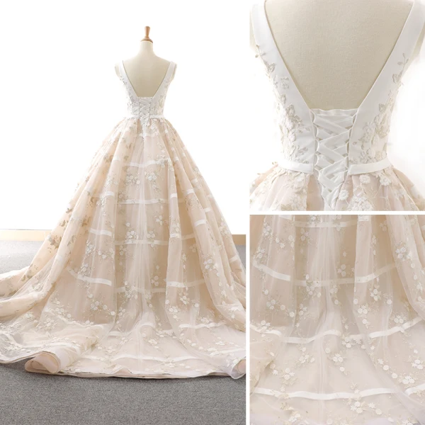 Chic / Belle Ivoire Robe De Mariée 2018 Robe Boule Appliques Ceinture V-Cou Dos Nu Sans Manches Chapel Train Mariage