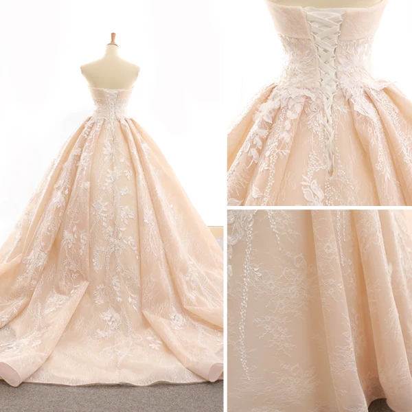 Elegant Champagne Wedding Dresses 2018 Ball Gown Lace Appliques Shoulders Backless Sleeveless Chapel Train Wedding