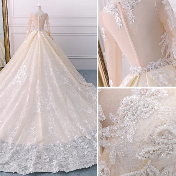 Schöne Champagner Brautkleider 2018 Ballkleid Spitze Applikationen Perlenstickerei Strass Pailletten Rundhalsausschnitt Lange Ärmel Kathedrale Schleppe Hochzeit